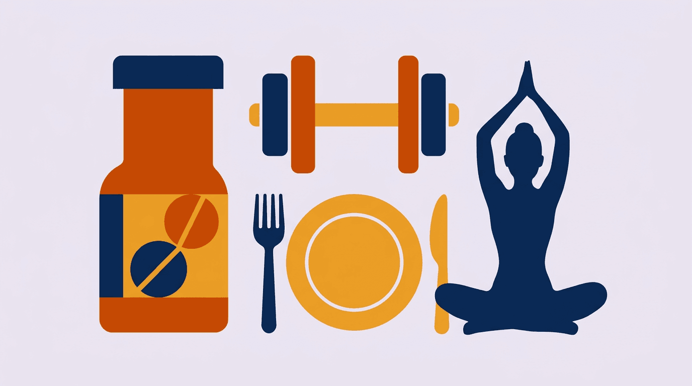 Iconos de tratamiento: medicación, ejercicio, nutrición y yoga