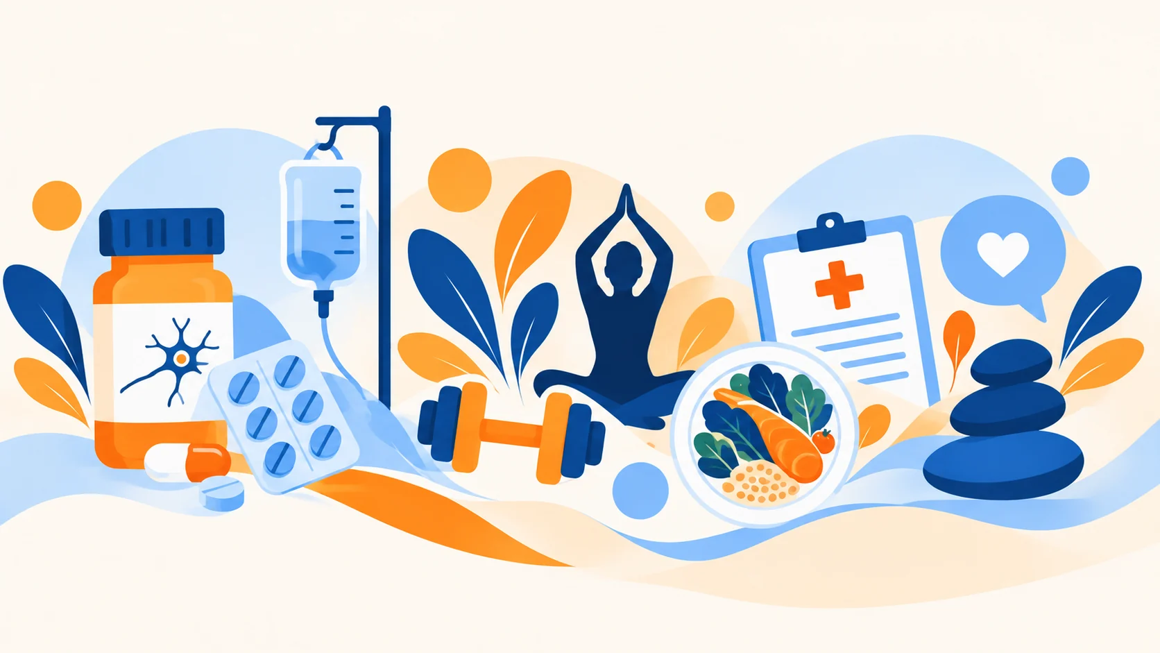 Iconos de tratamiento: medicación, ejercicio, nutrición y yoga